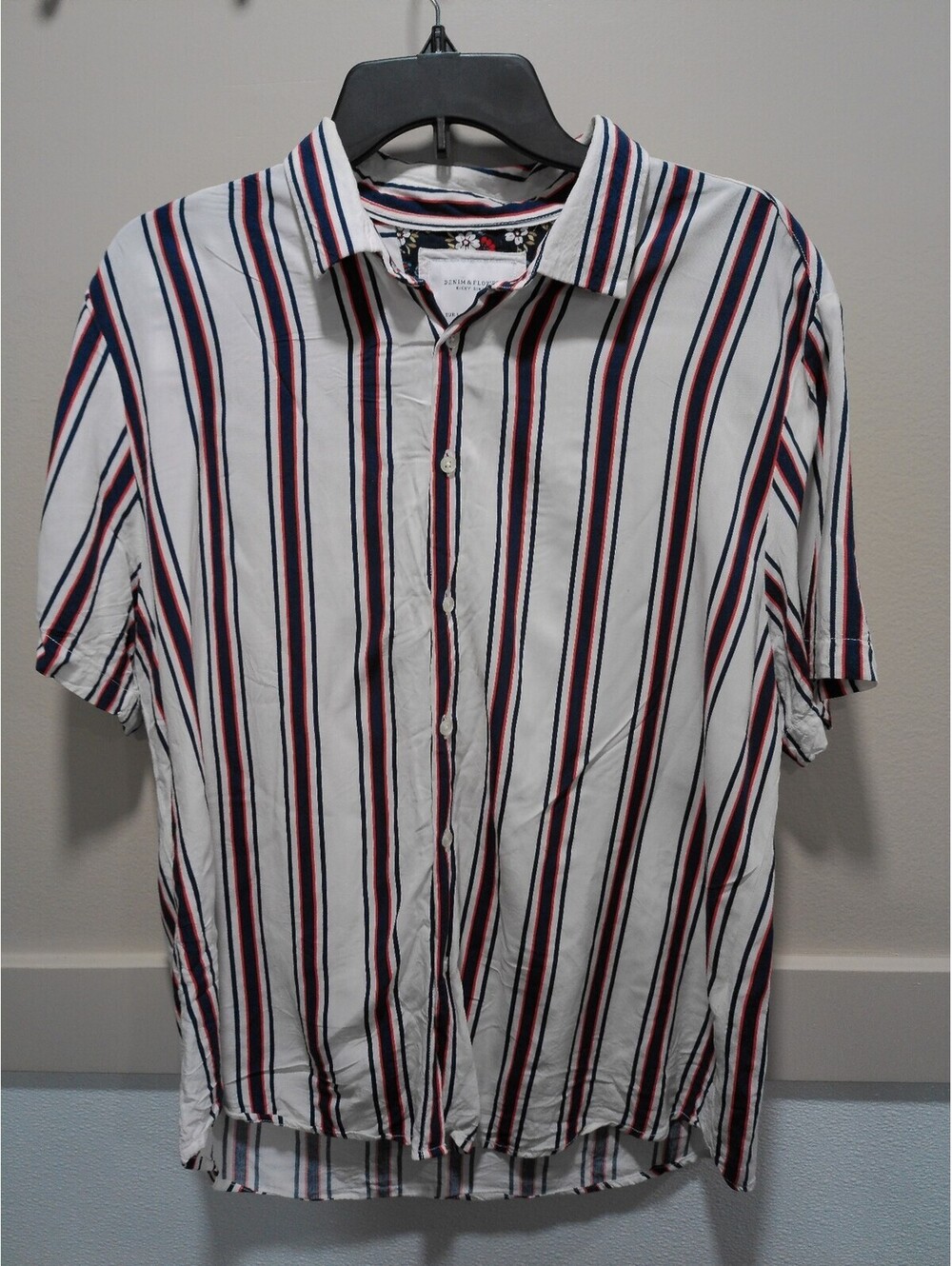 Denim & Flower Ricky Singh Short Sleeve Button Up Shirt Mens L White Red Blue